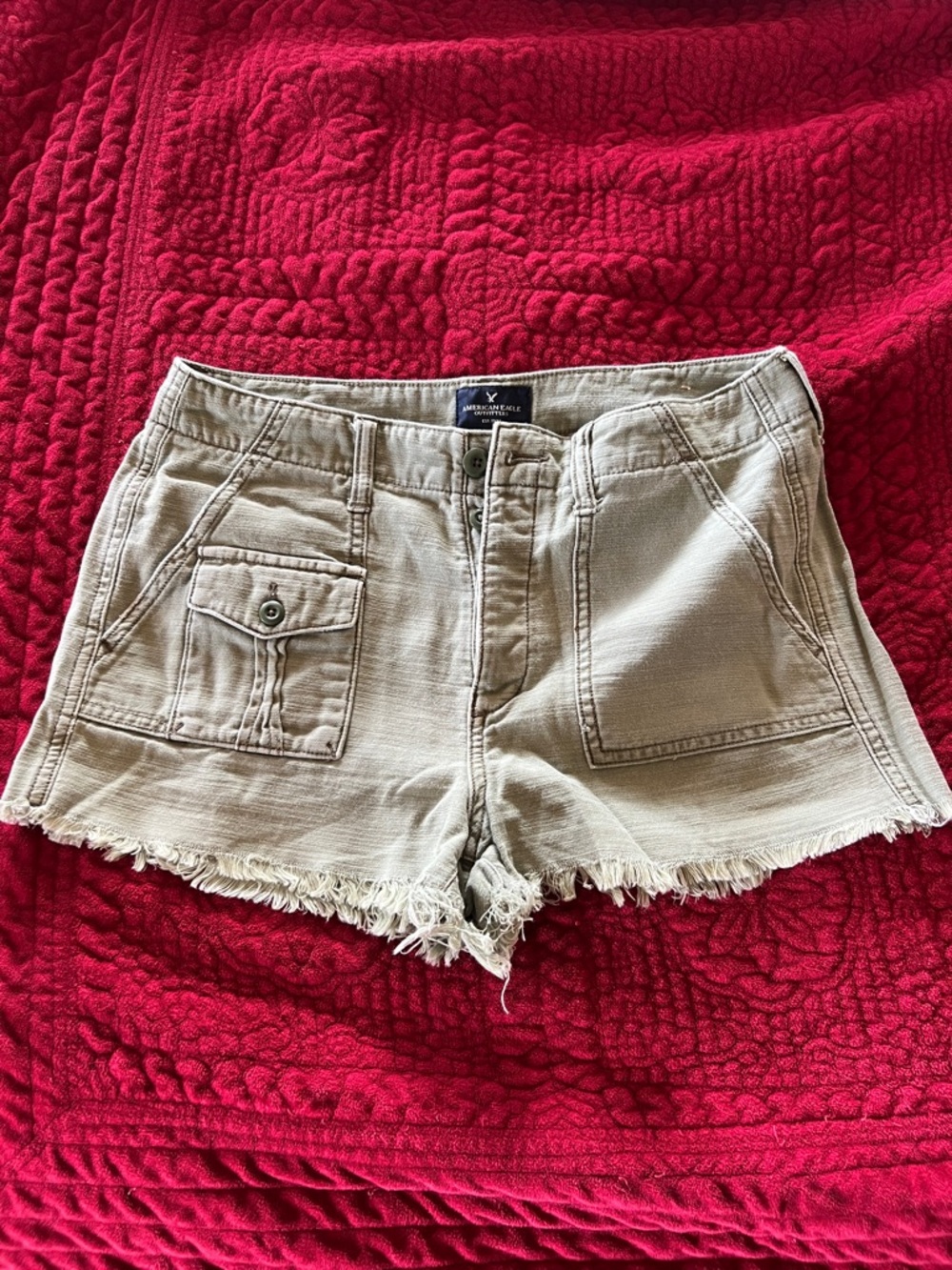 American Eagle Light Green Frayed-Hem Utility Jean Shorts